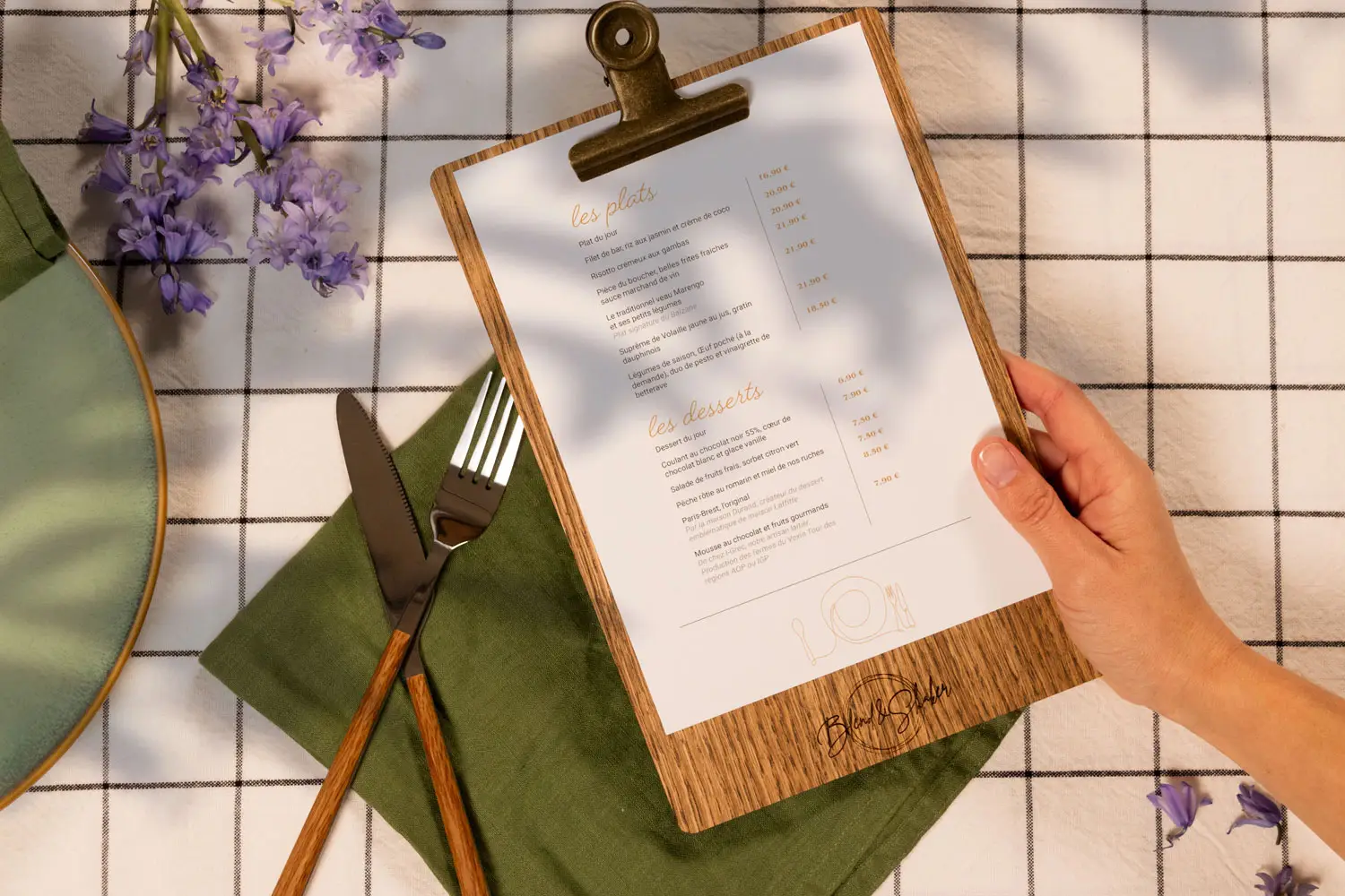 Porte-menu de restaurant en bois avec pince bulldog