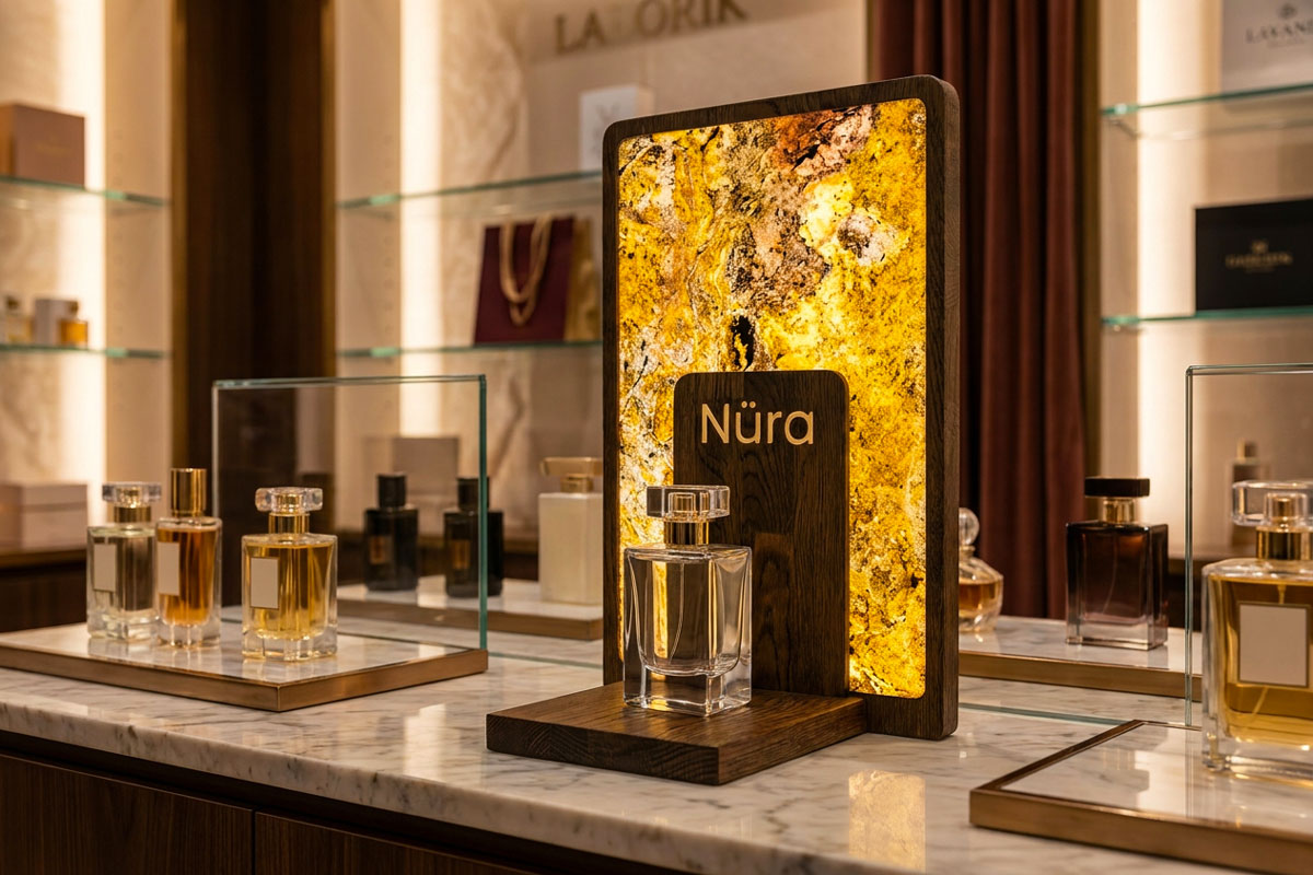 Glorifier en bois et pierre lumineuse pour flacon de parfum