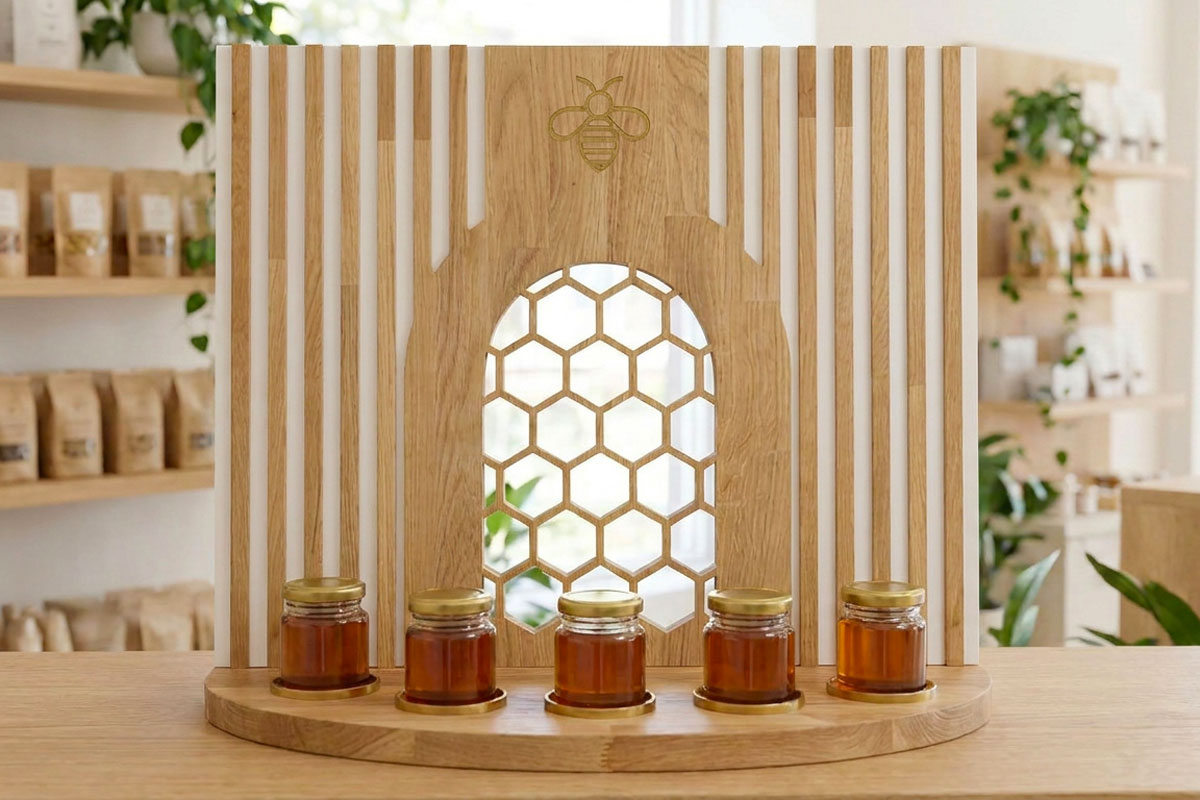 Présentoir en bois et plexiglas pour pots de miel