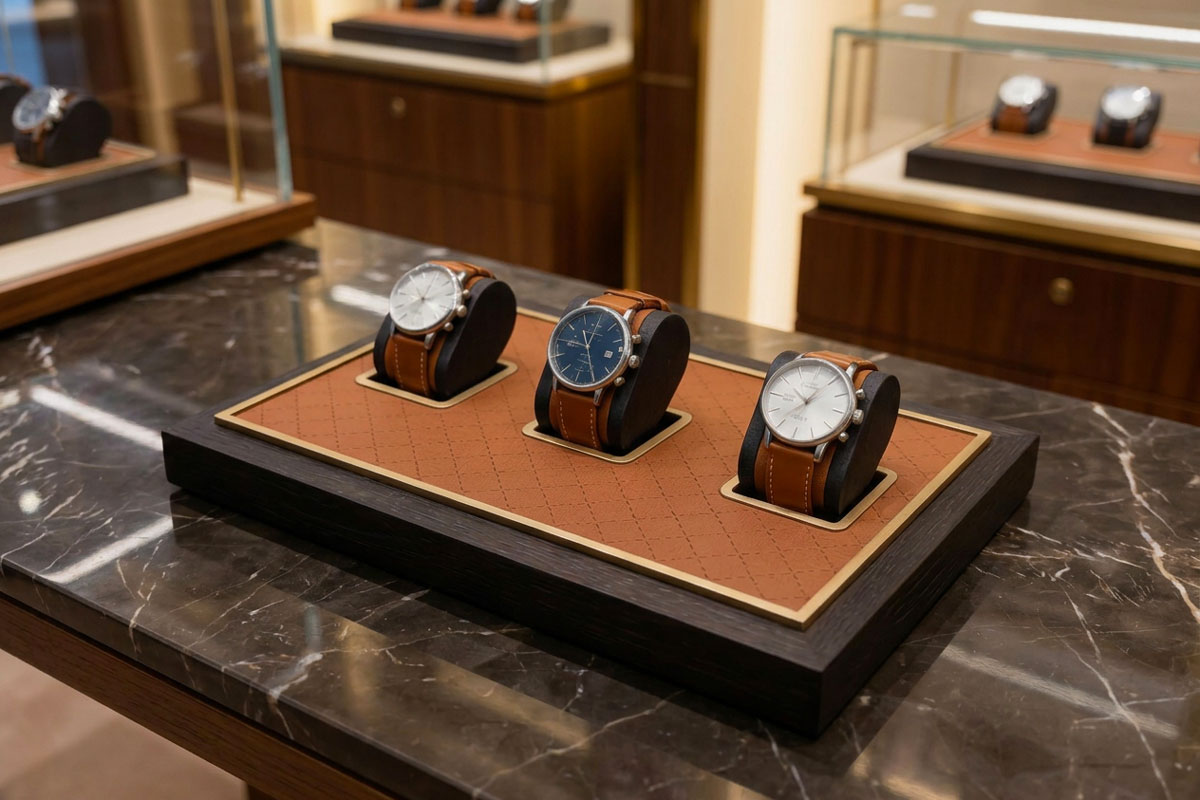 Présentoir à montres en bois et cuir pour vitrine de luxe