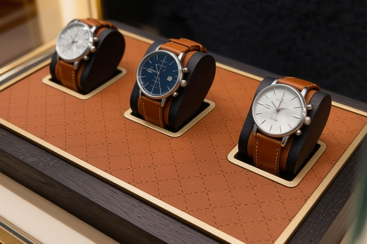 Présentoir à montres en bois et cuir pour vitrine premium
